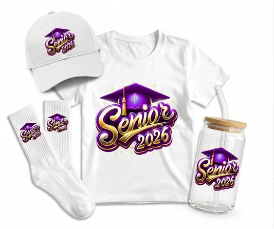 Senior Graduation Bundle – T-Shirt, Hat, Glass Tumbler, & Crew Socks Set